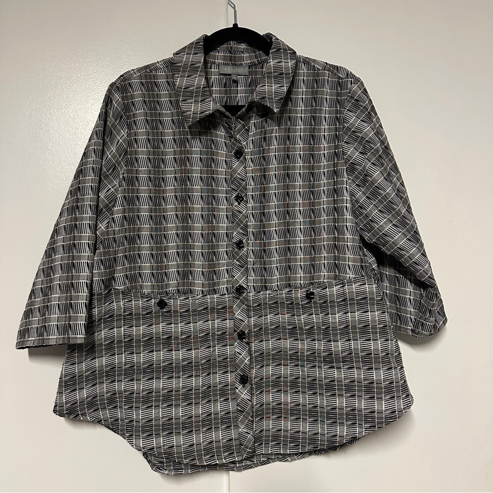 Habitat Clothes To Live In Women Gray Button Down 3/4 Sleeve Lagenlook Blouse M